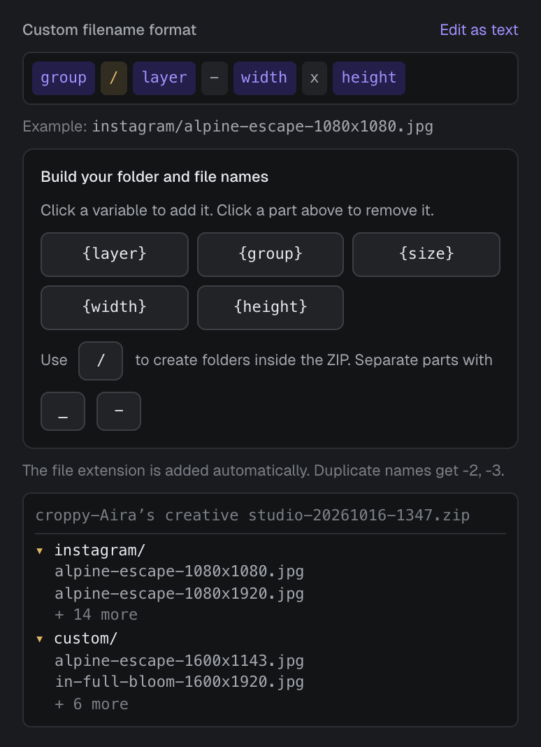 The file name builder with the pattern group / layer - width x height, variable buttons, and a ZIP preview listing instagram and custom folders.