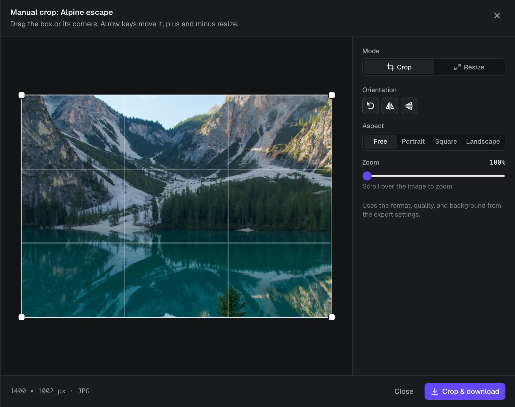 The manual crop editor showing a mountain lake photo with a crop box and corner handles. Mode, orientation, aspect and zoom controls are on the right.
