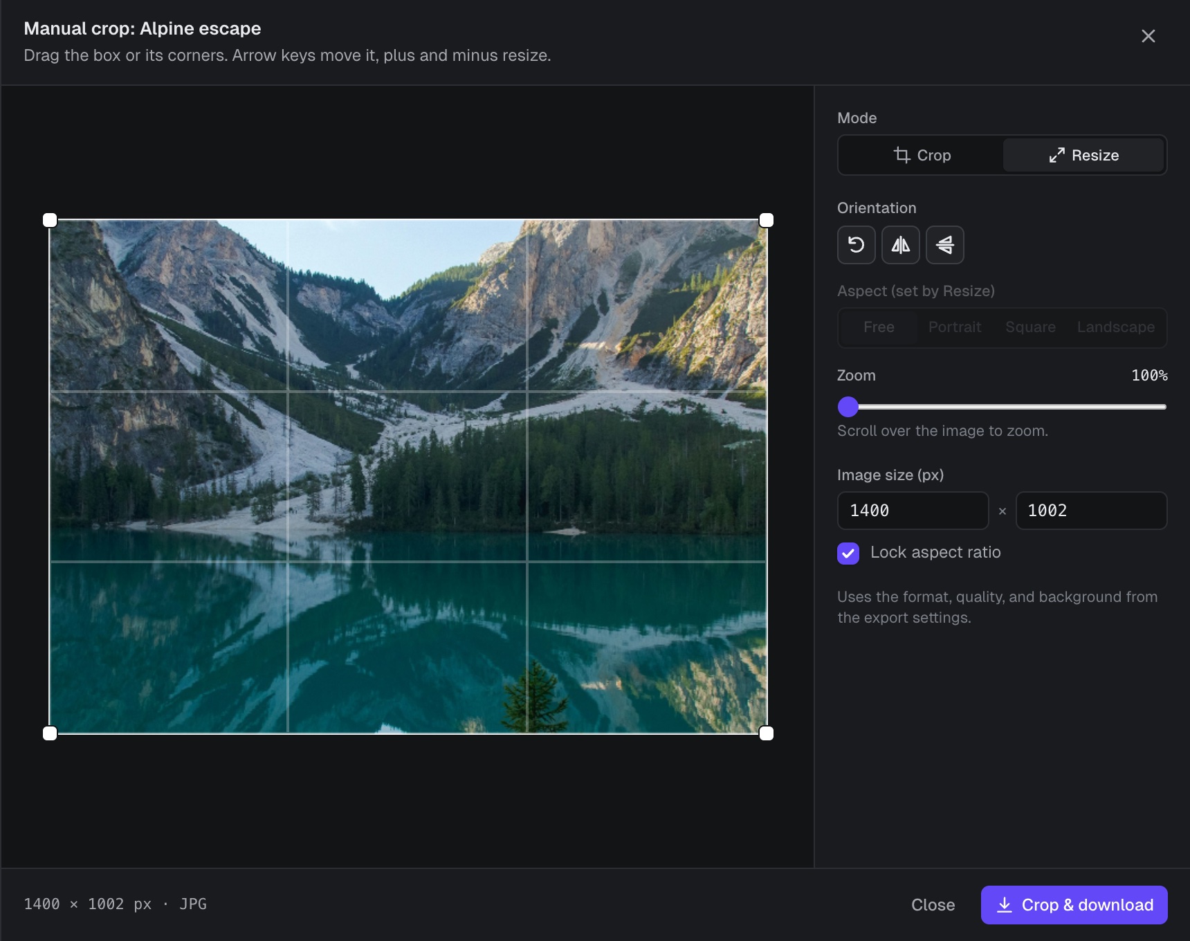 The manual crop editor in Resize mode with image size fields and a Lock aspect ratio checkbox.