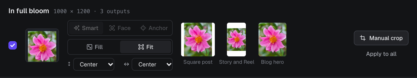 A review row in Fit mode. Each preview shows the whole flower with white space around it.
