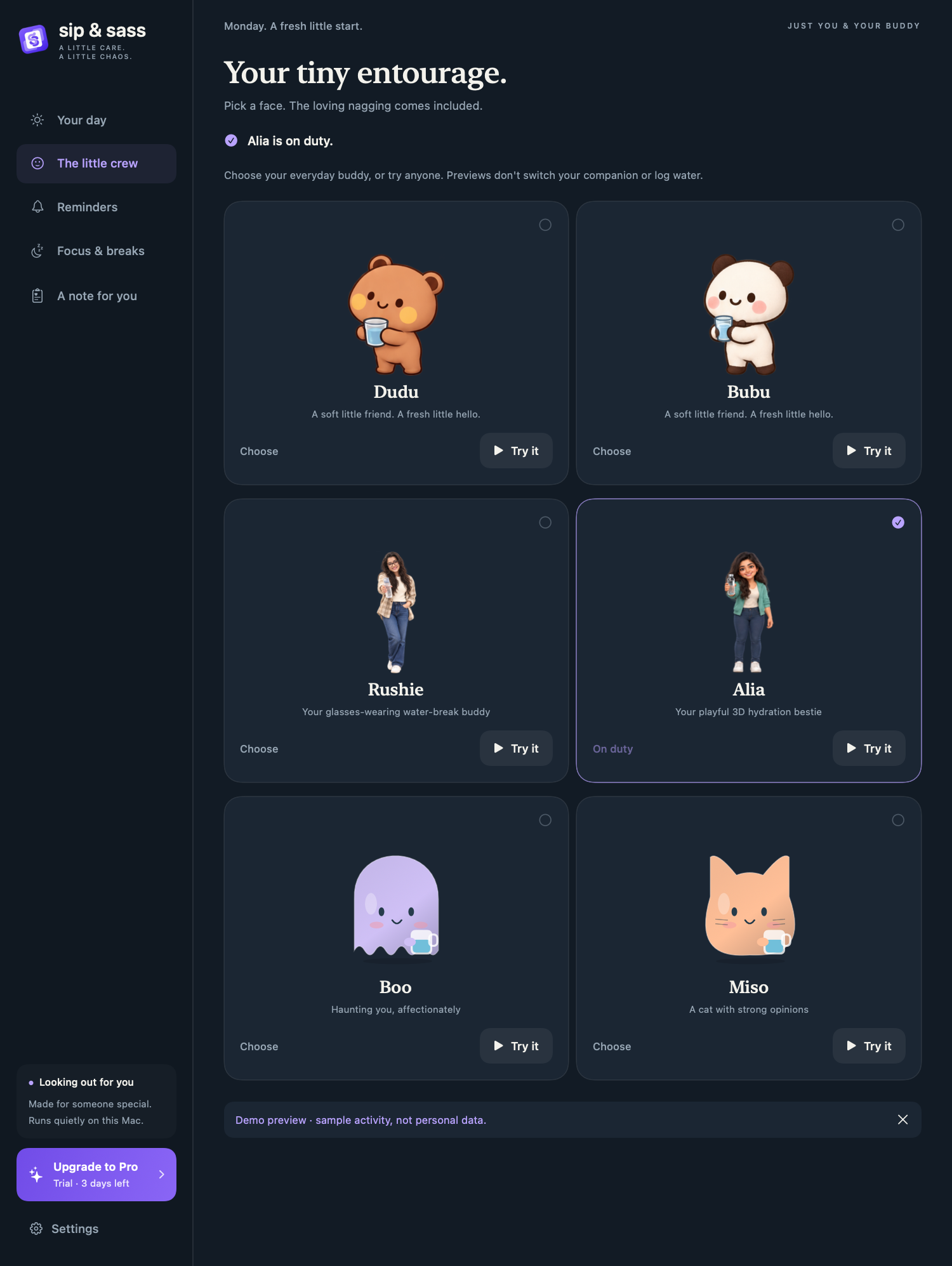 The six Sip & Sass companions, each with Choose and Try it controls