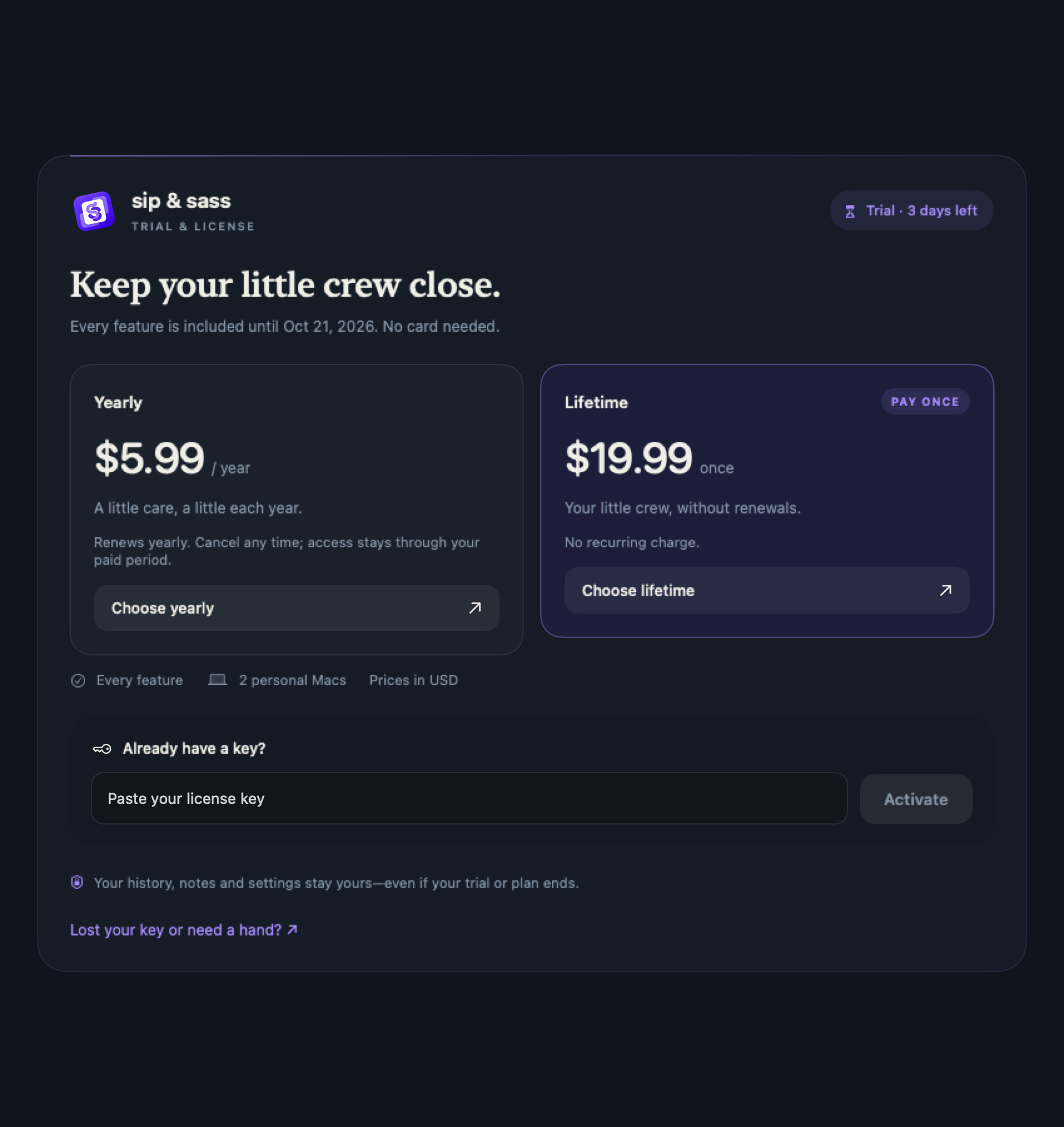 Trial and license settings with yearly and lifetime plans, purchase buttons and a license-key activation field.