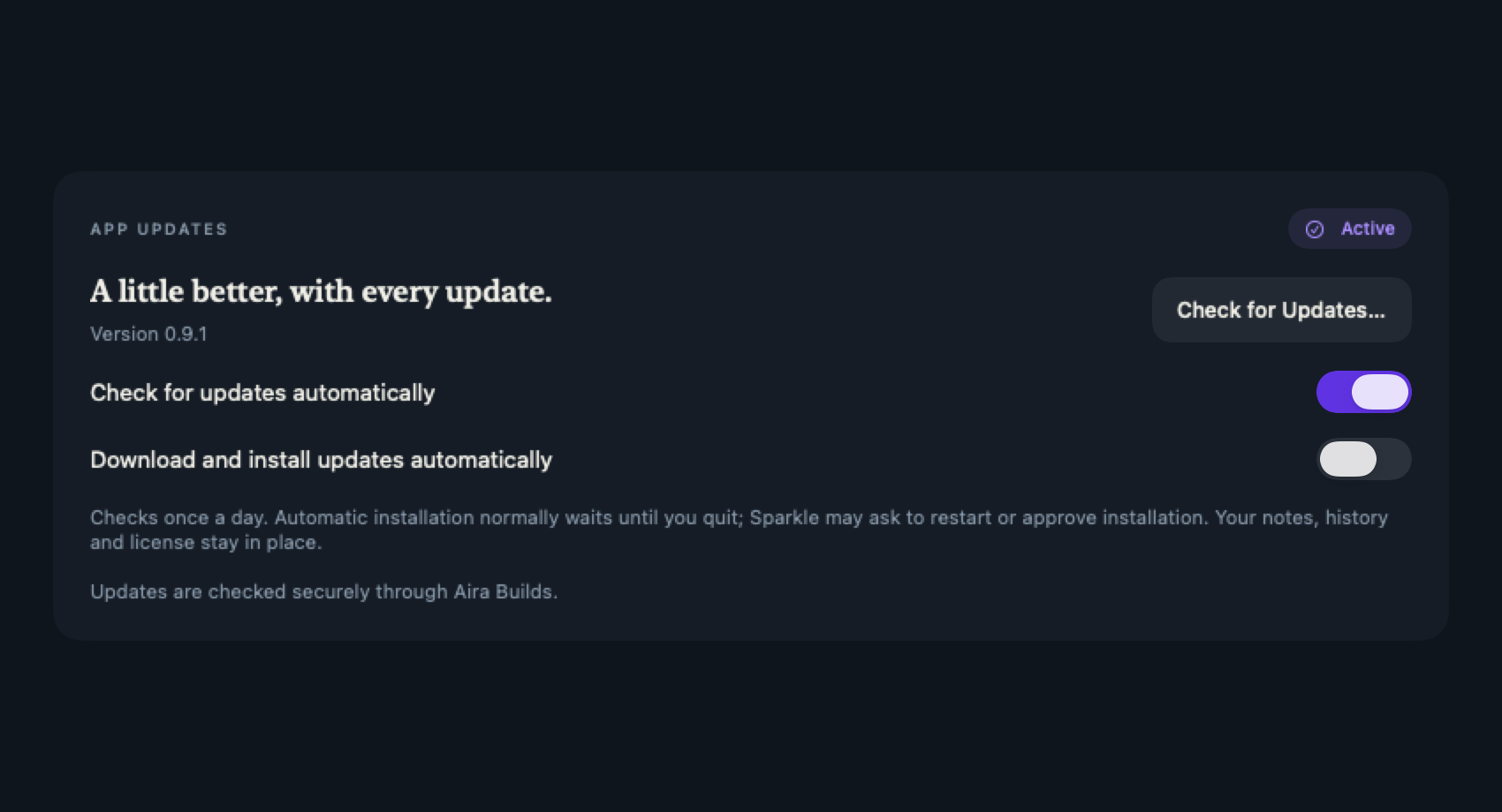 App update settings with daily checks enabled and automatic installation disabled.